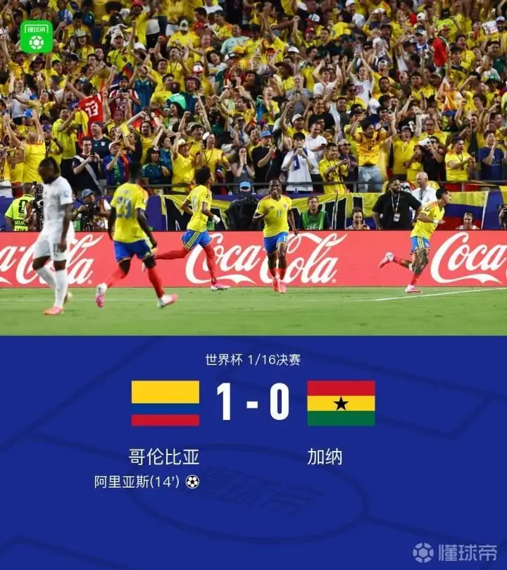 哥伦比亚1-0加纳,阿里亚斯破门,迪亚斯进球被判越位